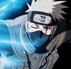 an anime character wearing a mask with lightning in the background