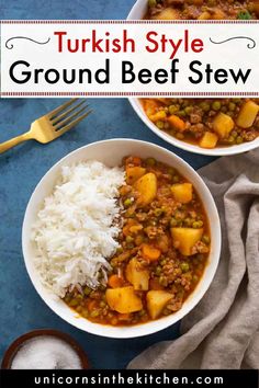 two bowls of turkish style ground beef stew on a blue table with rice and silverware