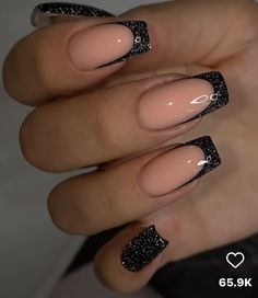 Short Acrylic Nails Grunge, Prom Nails Silver And Black, Black And Sparkle Acrylic Nails, Black French Glitter Nails, Sparkle Black Nails, Black Sparkly French Tip Nails, Black Sparkle French Tip Nails, Black French Tip Nails Coffin, Black French Nails With Design