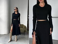 Stunning knitted 2-piece set top and skirt. Matching warm winter set pleated skirt and sweater in black colour. Midi skirt with sweater. Material: Cotton 70%, Viscose 30%  Colours: Beige, Black LENGTH skirt: 78 cm,  LENGTH top: 40 cm SIZES: XS-S, M-L Model on the Foto  168cm-66,14'', S size PRODUCT CARE  - It is recommended to handwash 30oC. -twist carefully  Feel Free to Ask Any Question about Sizing and Fit. FREE DELIVERY WORLWIDE! Midi Skirt With Sweater, Knit Sweater And Skirt Set, Black Two Piece Sweater Dress, Black Maxi Skirt With Sweater Pregnancy, Skirt With Sweater, Kniit Skirt And Sweater Set, Knit Black Midi Skirt, Pleated Skirt And Sweater, Skirt And Sweater