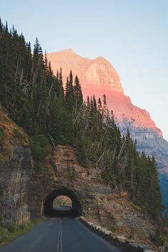 a road going into a tunnel with trees on both sides and mountains in the background