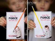 two pictures of a boy holding up a force stick and a card with the words may the force be with you