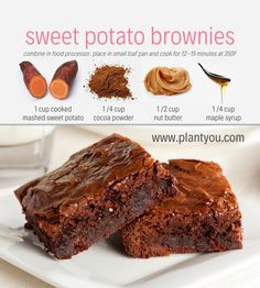 chocolate brownies on a white plate with the words sweet potato brownies above it