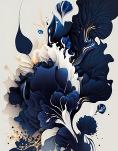 an abstract painting of blue and white flowers