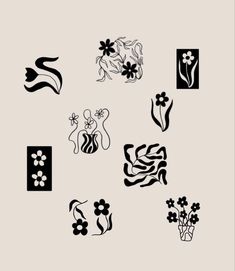 some black and white designs on a gray background, with flowers in vases next to them