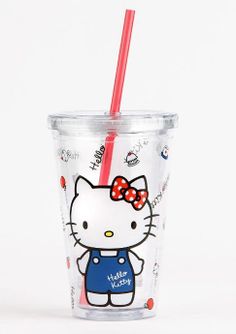 a hello kitty tumbler cup with a red straw in it's mouth and a bow on the lid