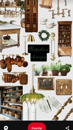 a collage of kitchen items including pots, pans and utensils on display