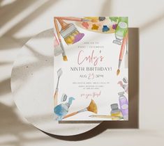 a birthday card with paintbrushes on it