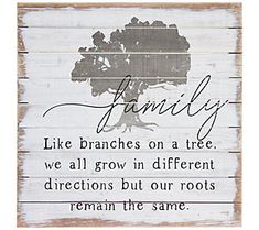 a wooden sign that says family like branches on a tree, we all grow in different directions but our roots remain the same