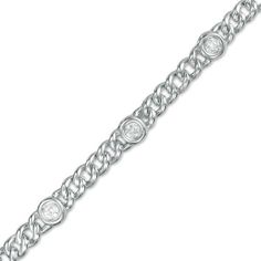 Dress her wrist in dazzling diamonds with this brilliant chain bracelet. Crafted in 14K white gold, this 4.5mm-wide curb chain sizzles with seven 1/15 ct. bezel-set diamond stations. Radiant with 1/2 ct. t.w. of diamonds and a bright polished shine, this impressive 7.0-inch bracelet secures with an oversized lobster claw clasp. White Gold Curb Chain Bracelet, Elegant White Gold Diamond Bracelet With Curb Chain, White Gold Diamond Bracelet With Curb Chain, White Gold Sterling Silver Curb Chain Bracelet, White Gold Diamond Bracelets With Curb Chain, Elegant Silver Diamond Bracelet With Curb Chain, Elegant Silver Diamond Curb Chain Bracelet, Diamond Curb Chain Link Bracelet, Formal Diamond Curb Chain Bracelet