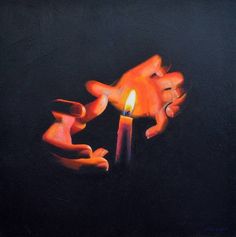 a painting of two hands holding a lit candle