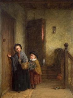 a painting of two children standing in front of a door with a basket on their shoulder