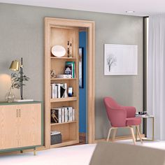 a living room filled with furniture and a book shelf