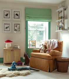 a child's room with stuffed animals on the floor