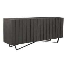 the sideboard is made out of black wood and has four sections on each side