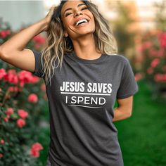 If this made you laugh out loud, you know this funny Jesus t-shirt is meant for you! It's okay if you need an extra for your bestie too. No judgment here. Seriously, what's not to love about a funny Christian t-shirt that perfectly shares your love for Jesus and shopping all in one awesome Christian t-shirt? Make the most of your shopping spree by sharing the Good News of Jesus with anyone you meet. Women's Christian t-shirts that have faith-based messages that turn heads are an intentional way Christian Tshirts Women, Funny Jesus, Christian Hats, Jesus Funny, Faith Clothing, Christian T Shirts, Christian Men, Patriotic Outfit, Jesus Tshirts