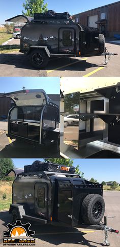 three different views of an off road camper with the door open and side doors closed