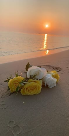 yellow and white roses on the beach at sunset