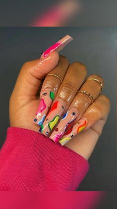 Rainbow Nails Acrylic, Cc Nails, Exotic Nails, Acrylic Nails Coffin Pink, Long Square Acrylic Nails, Bling Acrylic Nails, Rainbow Nails, Square Acrylic Nails