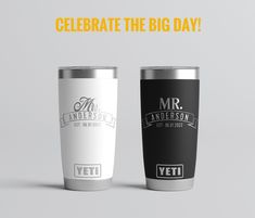 two coffee cups with the words celebrate the big day