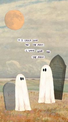 two ghost statues are standing in front of a tombstone with the moon above them and an inscription that says, if i could give you the moon