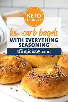 three bagels on a plate with the title keto friendly low - carb bags with everything seasoning