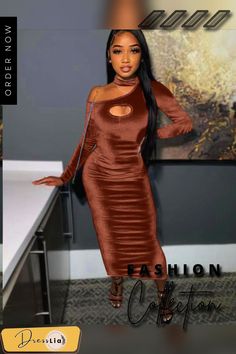 Hollow Out Long Sleeve Bodycon Velvet Dresses Brown Sheath Bodycon Party Dress, Brown Club Dress For Fall, Brown Dress For Club In Fall, Brown Dress For Club And Fall Season, Spring Brown Bodycon Dress For Club, Spring Club Brown Bodycon Dress, Brown Non-stretch Party Dress, Velvet Bodycon Dress, Velvet Dresses