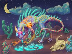 an image of a colorful dragon in the desert with cactus and cacti around it