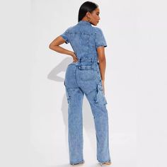 Style: Casual Fit: Regular Fabric: Denim Pattern: Solid Element: Button,Pocket,Zipper Neckline: Collared Sleeve Type: Regular Sleeve Length: Short Sleeve Pant Length: Full Main Composition: Cotton Season: Summer