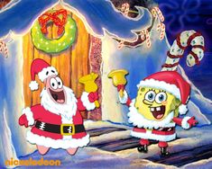 two spongebob characters dressed as santa claus and mrs potatohead in front of a christmas scene