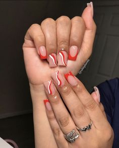 Red Acrylic Overlay Nails, Red And White Short Acrylic Nails, Red Nails Ideas Short Square, Red Design Nails Short, Cute Red Nail Ideas Square, Cute Baddie Nails Short Red, Red Nails Short Square Design, Red Short Nails Black Women, Medium Square Acrylic Nails Designs Red