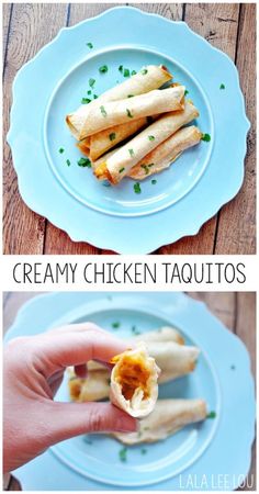 the process of making crepe chicken taquitos is shown in two pictures