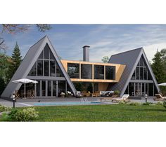 a house with two large triangular shaped windows next to a swimming pool and patio area