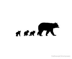 a bear and her cubs are silhouetted against a white background in this black and white photo