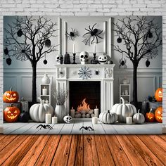 a fireplace decorated with halloween decorations and pumpkins