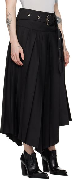 Polyester drill skirt. Pleats throughout. · Asymmetrical construction · Integrated pin-buckle belt at waistband · Offset press-stud closure Supplier color: Black Maxi Skirt Belted, Off White Belt, White Belt, 2024 Trends, Buckle Belt, Black Belt, Apparel Accessories, Maxi Skirt, White And Black