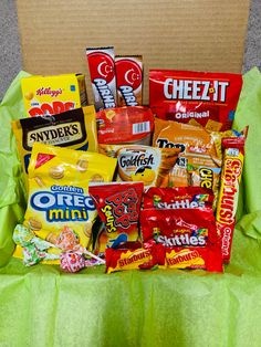 a box filled with candy and snacks