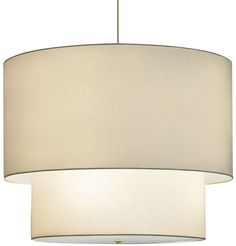 a white lamp hanging from a ceiling with a light shade on it's side