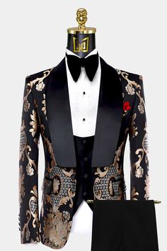 Champagne and Black Tuxedo | Gentleman's Guru Unique Tuxedo Men, Gentlemen Outfit, Grooms Outfit, Tuxedo Prom, Black Tuxedo Suit, Suits Formal, Prom Tuxedo, Black Velvet Bow, Dress Suits For Men