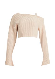 Cropped knit sweater with peek-a-boo left shoulder cutout. Shown here in Oxford. 100% Cotton Made in China Model is 5'10" wearing size S Style No. 3701-12