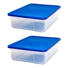 two plastic storage containers with lids on each one and the other half empty in blue