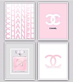 chanel perfumes are displayed in pink and white frames with the word chanel on them