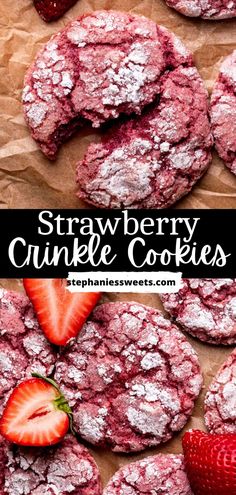 strawberry crinkle cookies with powdered sugar and fresh strawberries on the side