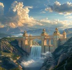 an artistic painting of a waterfall and castle in the sky with clouds above it,