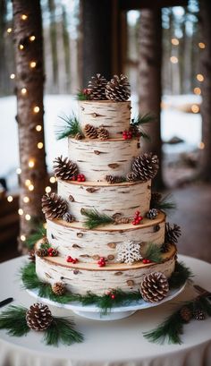 a wedding cake decorated with pine cones and berries