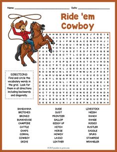 a cowboy word search page with the words ride'em cowboy and an image of a horse