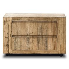 the sideboard is made out of wood and has two shelves on each side, with one door open