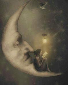 a woman sitting on the moon reading a book with a bird flying over her head