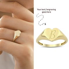 Give your loved one this stunning personalized 14k Gold Dome Heart Initial Ring, the perfect gift for anyone. This Ring features a clear heart shaped surface in the center of the design, which makes it great for engraving. One letter or number combination can be stamped on the ring if you want. Please note your personalization during checkout. ◖ P R O P E R T I E S ◗ * Material: 14k Yellow Gold, 14k White Gold ◖ D I O N J E W E L ◗ ‣ 14K REAL GOLD ‣ EXPRESS DELIVERY IN 1-3 DAYS* ‣ HANDMADE ONLY Heart Shaped Initial Ring For Gift, Heart Shaped Initial Ring Gift, Heart Cut Signet Ring For Anniversary On Valentine's Day, Heart-shaped Initial Ring Gift, Heart Cut Signet Ring For Valentine's Day Wedding, Personalized Sterling Silver Heart Ring For Anniversary, Heart-shaped Rings For Valentine's Day Personalized Gift, Personalized Heart Rings For Valentine's Day, Personalized Heart-shaped Rings For Valentine's Day