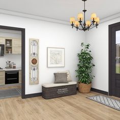 a living room with white walls and wooden floors, a potted plant in the corner